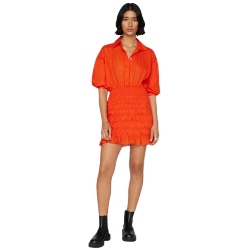 Frame Smocked Mini Shirt Dress Puff Sleeve 100% Cotton Casual Summer - Large